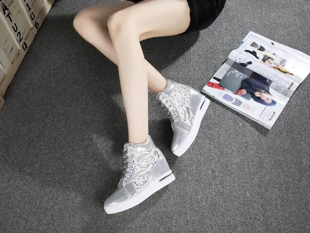 Casual Round Toe Leather High Heels Lace Up Wedge Platform Shoes