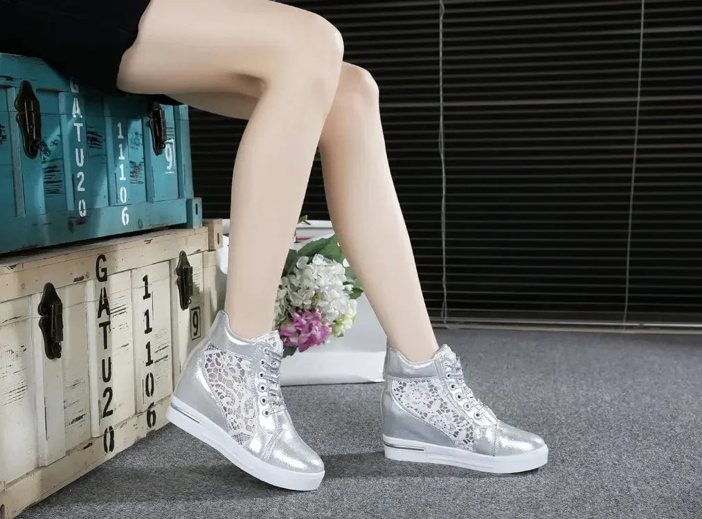 Casual Round Toe Leather High Heels Lace Up Wedge Platform Shoes