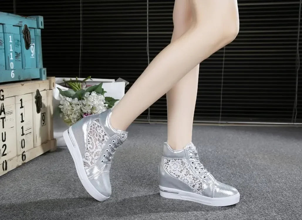 Casual Round Toe Leather High Heels Lace Up Wedge Platform Shoes