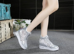Casual Round Toe Leather High Heels Lace Up Wedge Platform Shoes