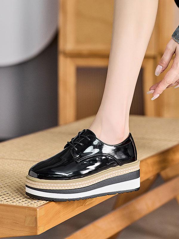 Casual Round Toe Patent Leather Wedge Heel
