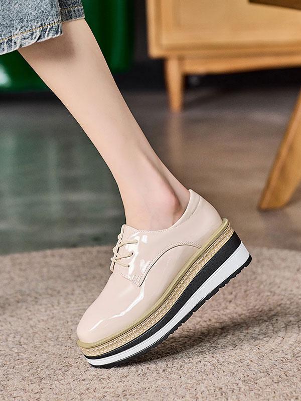 Casual Round Toe Patent Leather Wedge Heel