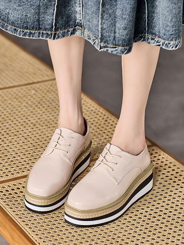 Casual Round Toe Patent Leather Wedge Heel