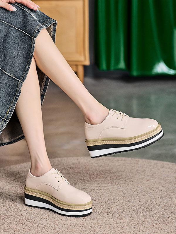 Casual Round Toe Patent Leather Wedge Heel
