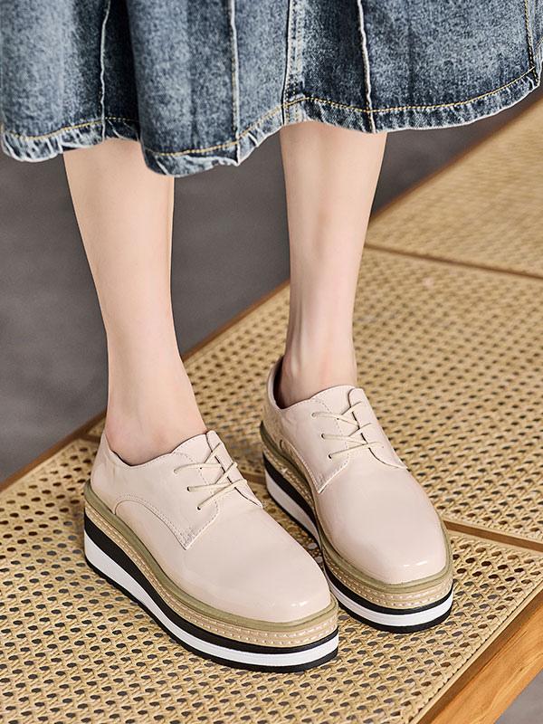 Casual Round Toe Patent Leather Wedge Heel