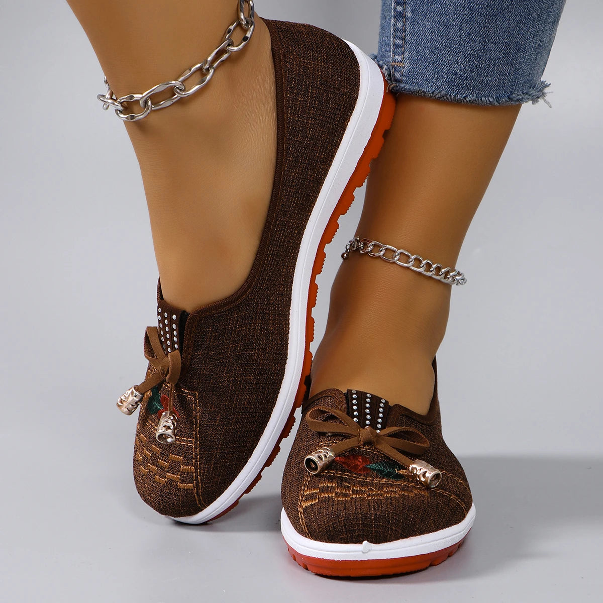 Casual Rubber Cotton Fabric Shallow Breathable Mesh Flat Shoes