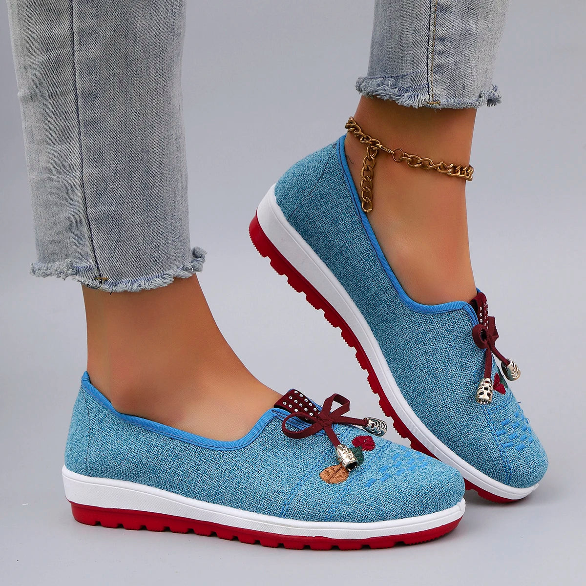 Casual Rubber Cotton Fabric Shallow Breathable Mesh Flat Shoes