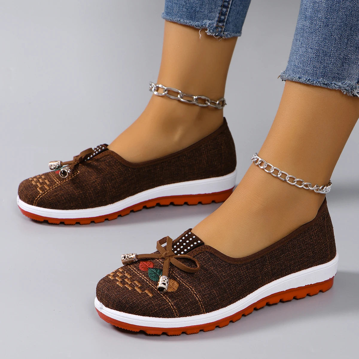 Casual Rubber Cotton Fabric Shallow Breathable Mesh Flat Shoes
