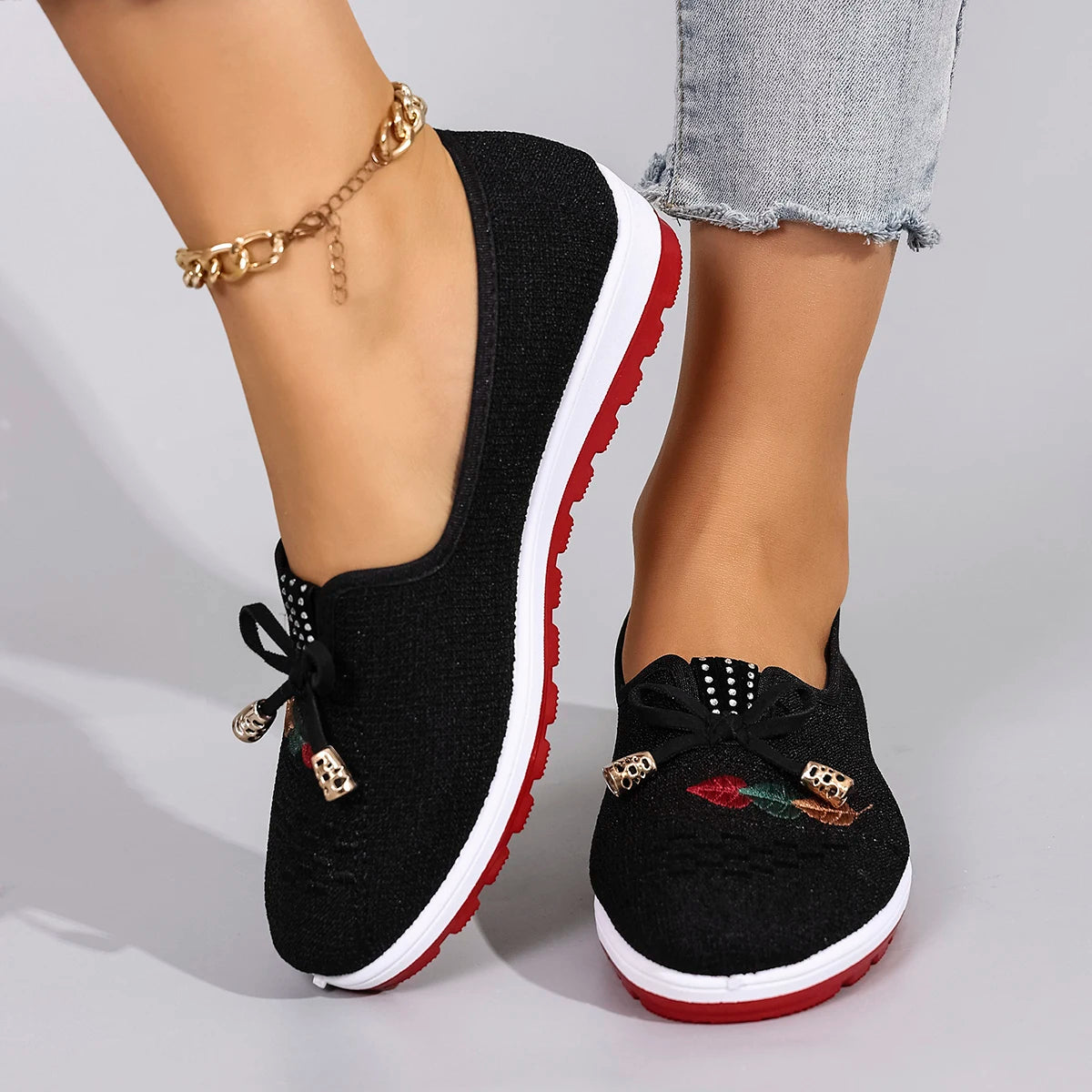 Casual Rubber Cotton Fabric Shallow Breathable Mesh Flat Shoes