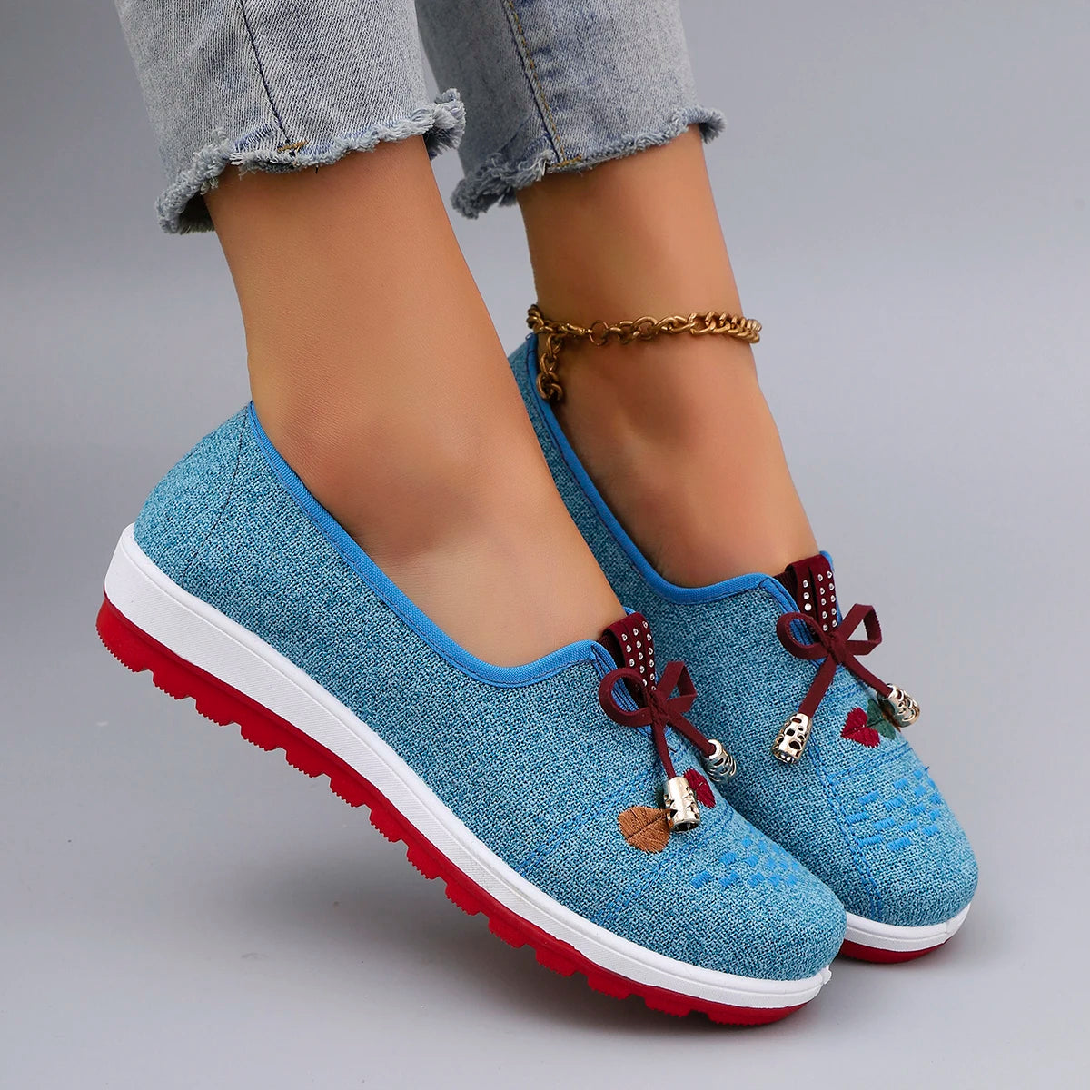 Casual Rubber Cotton Fabric Shallow Breathable Mesh Flat Shoes
