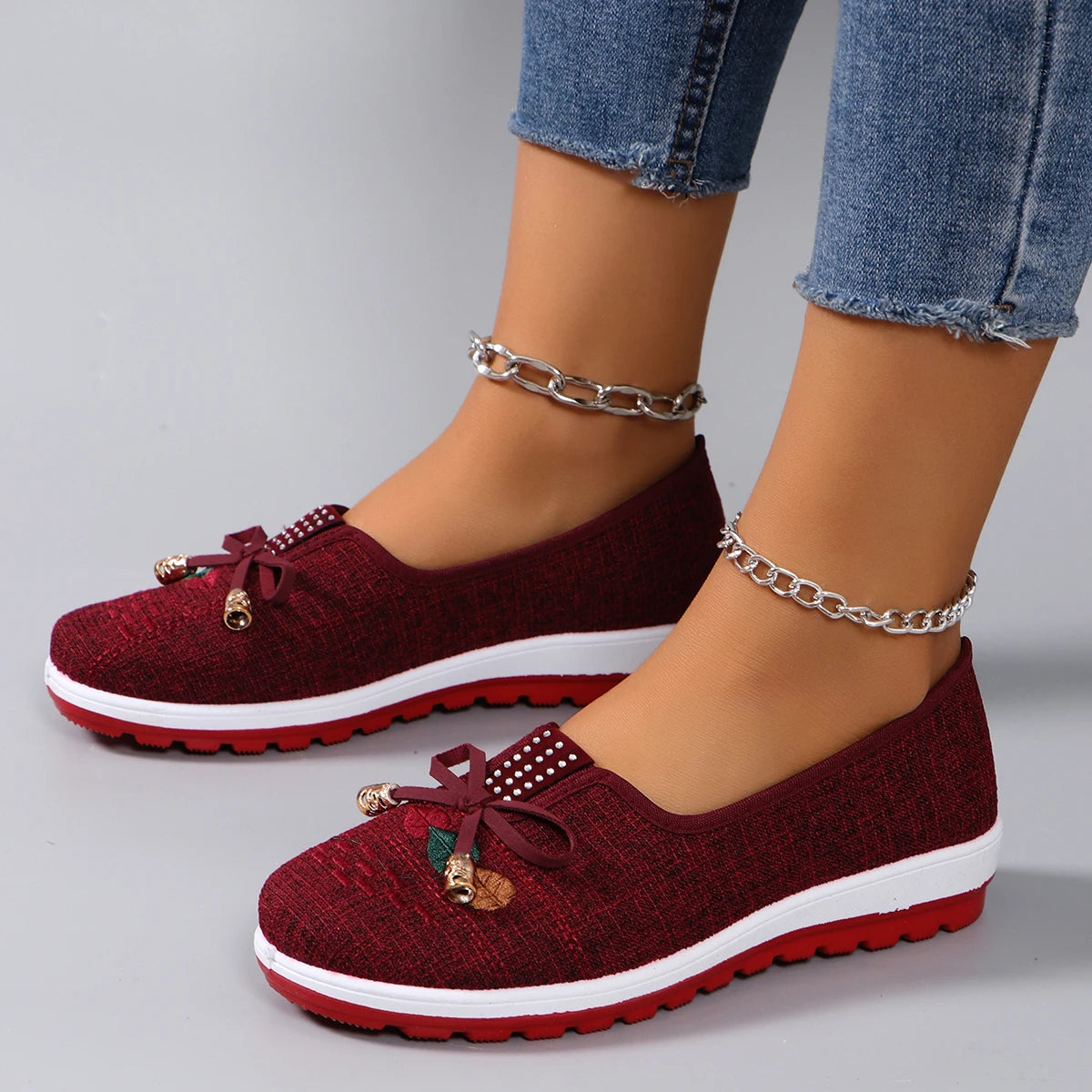 Casual Rubber Cotton Fabric Shallow Breathable Mesh Flat Shoes