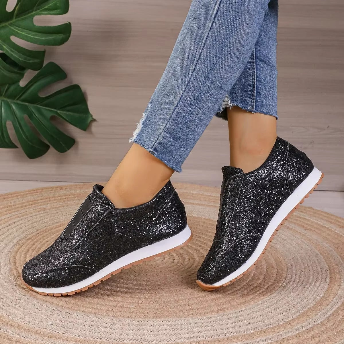 Casual Sequin Canvas Sneakers Shallow SLIP-ON Platform Shoes