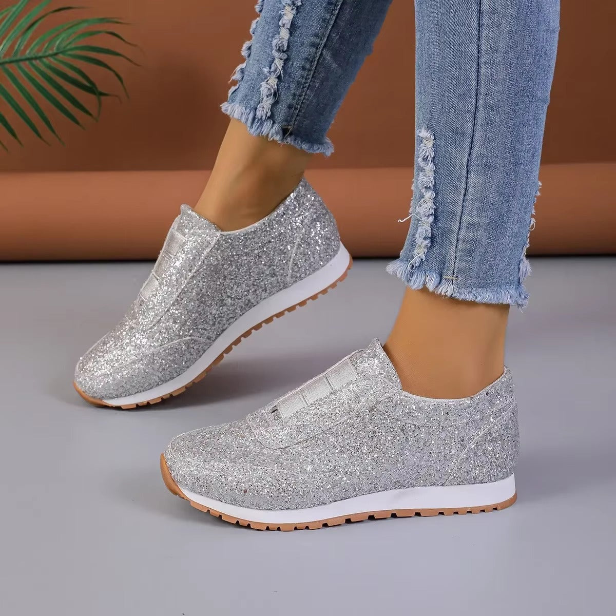 Casual Sequin Canvas Sneakers Shallow SLIP-ON Platform Shoes