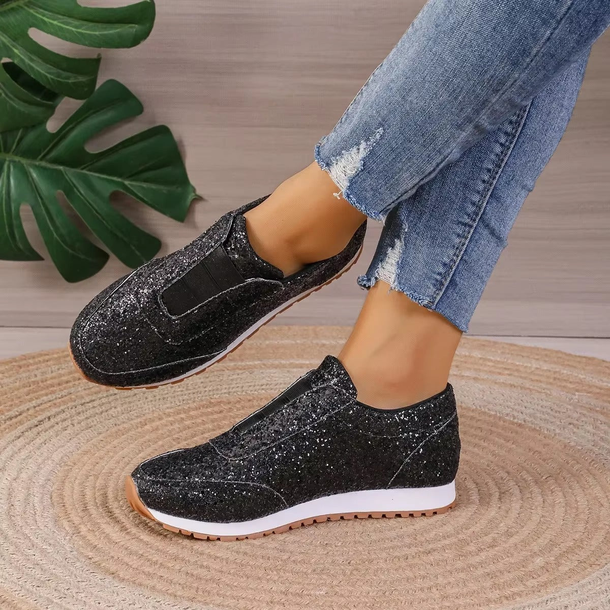 Casual Sequin Canvas Sneakers Shallow SLIP-ON Platform Shoes