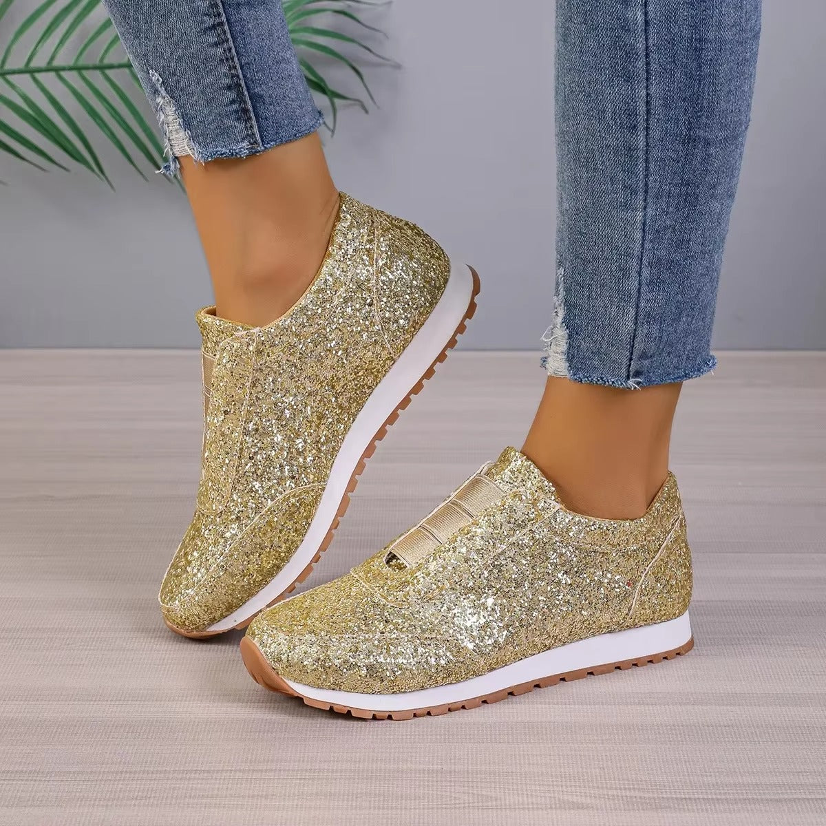 Casual Sequin Canvas Sneakers Shallow SLIP-ON Platform Shoes