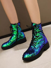 Casual Sequined Ankle Flat Daily Casual Round Toe Lace Up Booties
