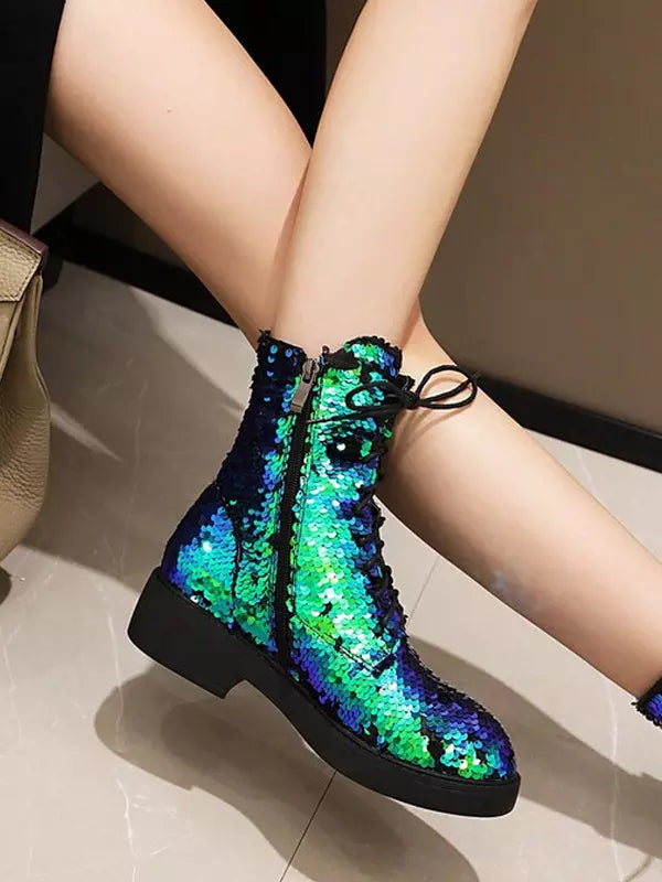 Casual Sequined Ankle Flat Daily Casual Round Toe Lace Up Booties