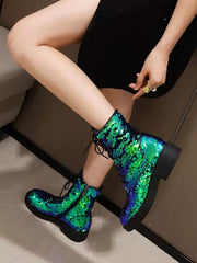 Casual Sequined Ankle Flat Daily Casual Round Toe Lace Up Booties