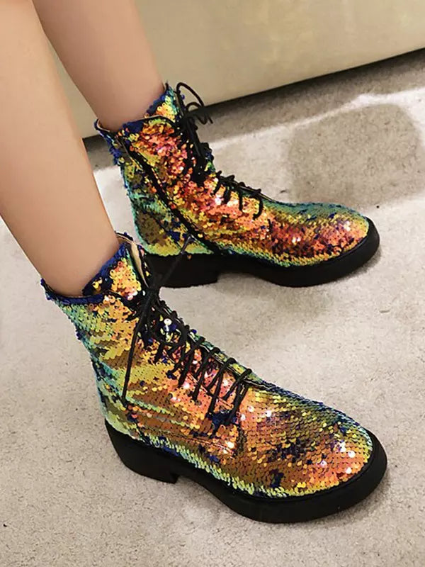 Casual Sequined Ankle Flat Daily Casual Round Toe Lace Up Booties