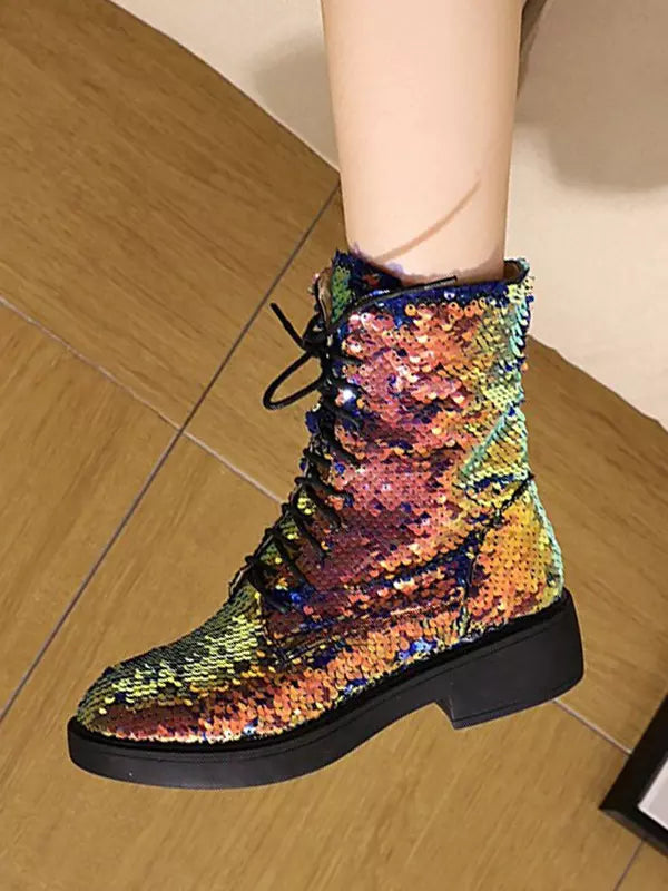 Casual Sequined Ankle Flat Daily Casual Round Toe Lace Up Booties
