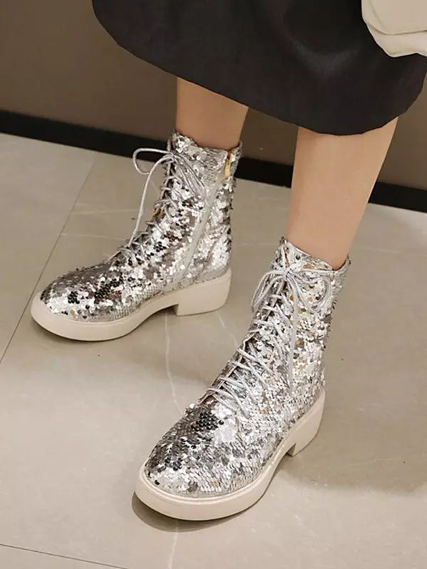 Casual Sequined Ankle Flat Daily Casual Round Toe Lace Up Booties