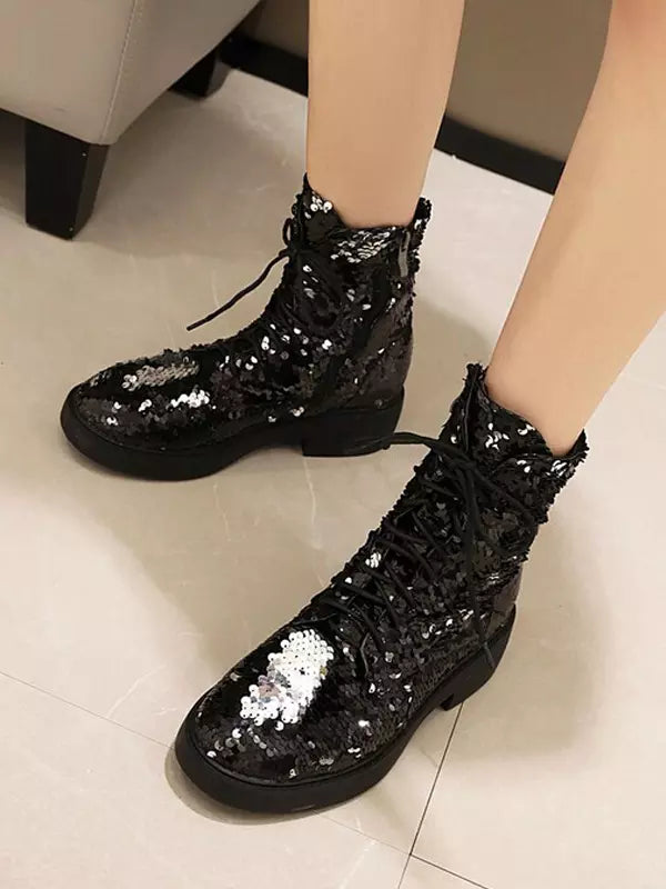 Casual Sequined Ankle Flat Daily Casual Round Toe Lace Up Booties