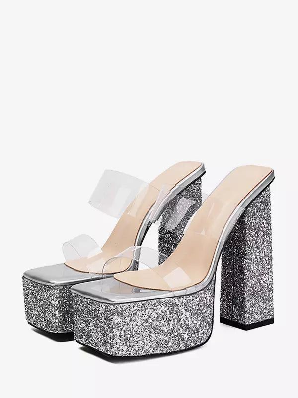 Casual Sequined Platform Formal Evening Mules Chunky Heel