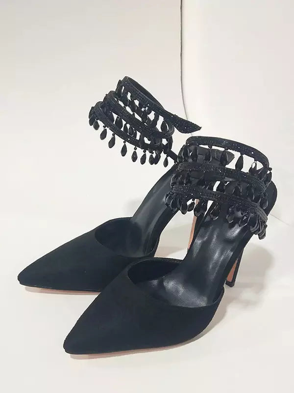 Casual Sequined Pointed Toe Rhinestones Strappy Pumps High Heel