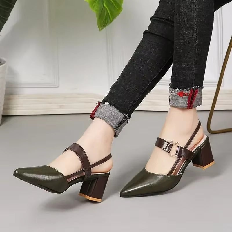 Casual Shallow Ankle Strap Pointy Chunky Sandals