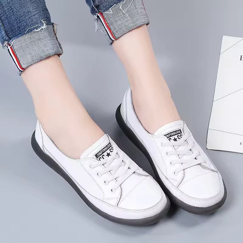 Casual Shallow Flat Shoes Soft Soles Comfortable Lace-Up Leather Single Shoes