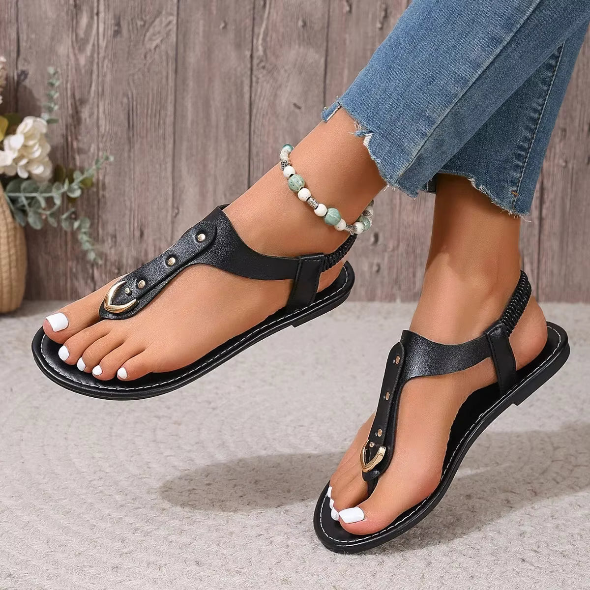 Casual Simple Fashionable Elastic Band Back Strap Flats Outdoor Sandals