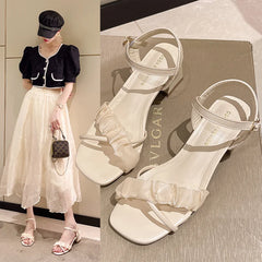 Casual Simple Solid Color Square Toe Open Toe Buckle Strap Square Heel