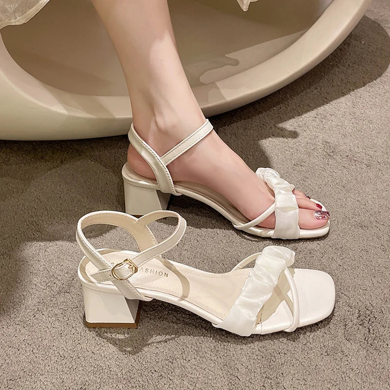 Casual Simple Solid Color Square Toe Open Toe Buckle Strap Square Heel