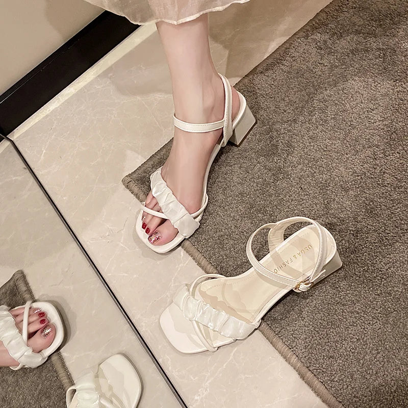 Casual Simple Solid Color Square Toe Open Toe Buckle Strap Square Heel