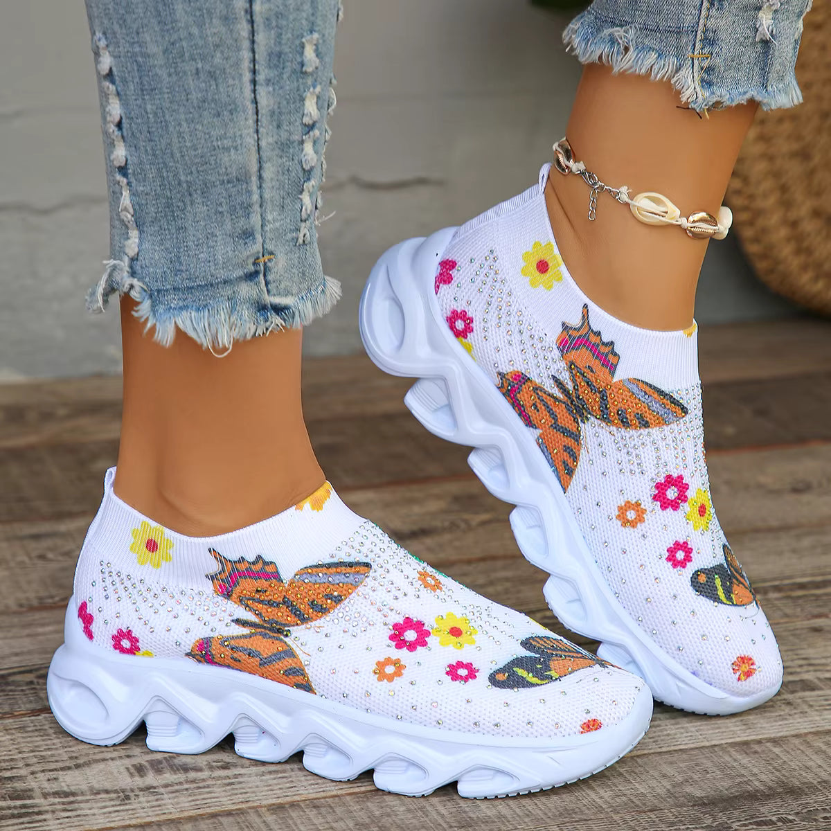 Casual Slip On Crystal Butterfly Knitted Platform Sneakers Shoes