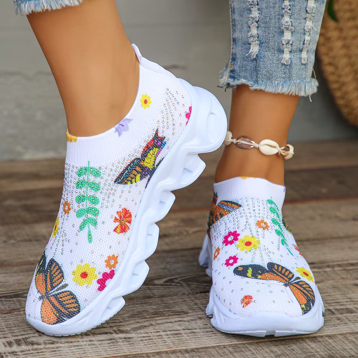 Casual Slip On Crystal Butterfly Knitted Platform Sneakers Shoes