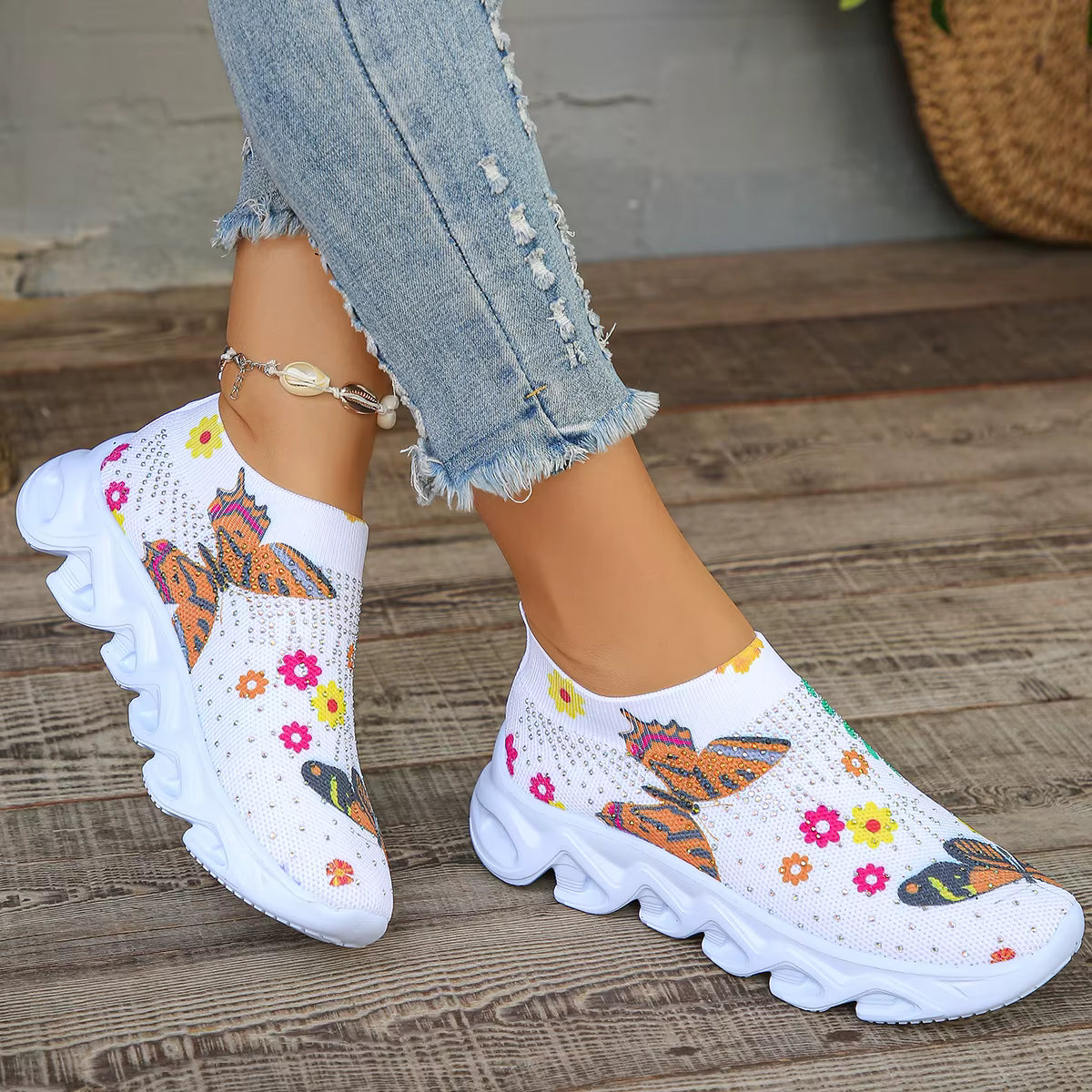 Casual Slip On Crystal Butterfly Knitted Platform Sneakers Shoes