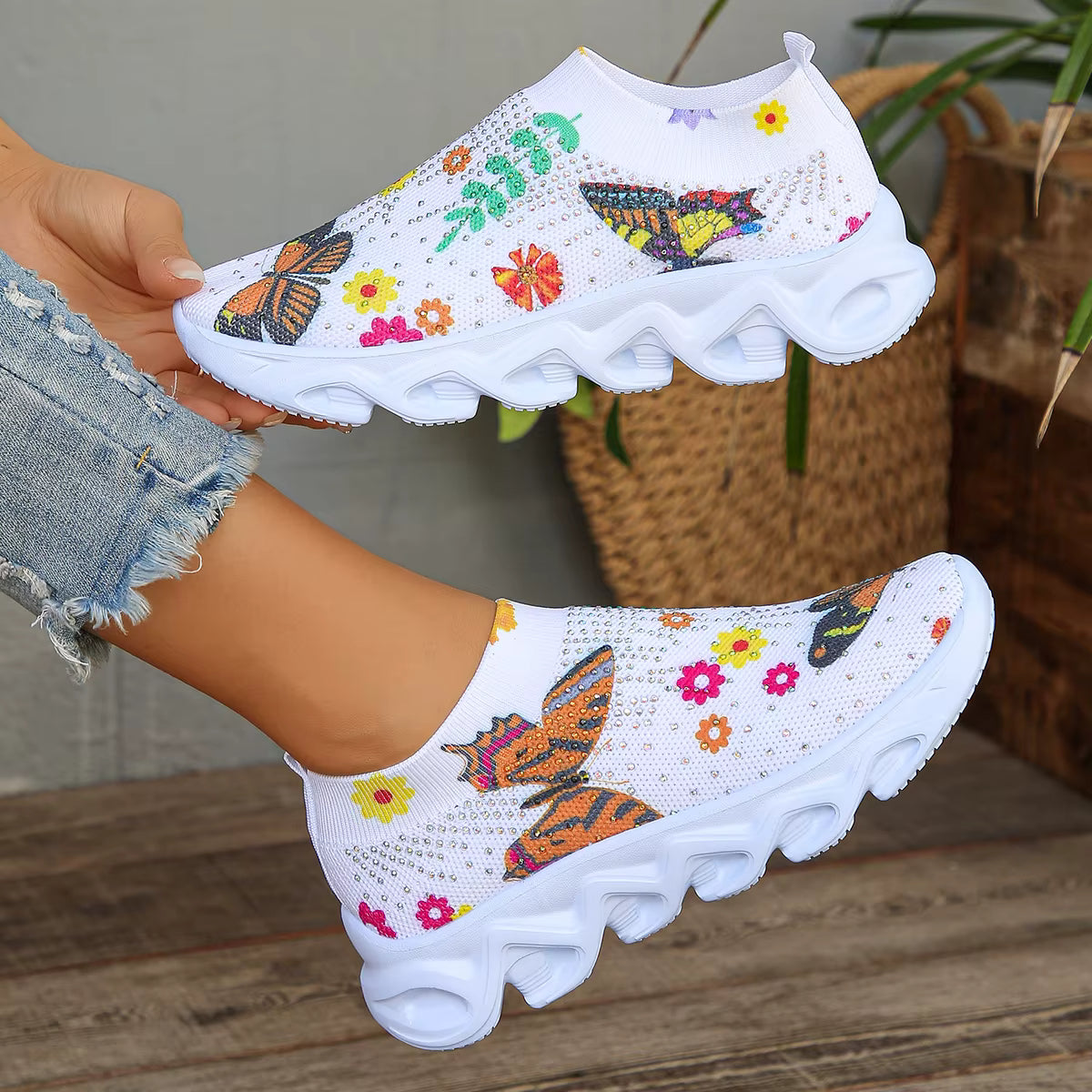 Casual Slip On Crystal Butterfly Knitted Platform Sneakers Shoes