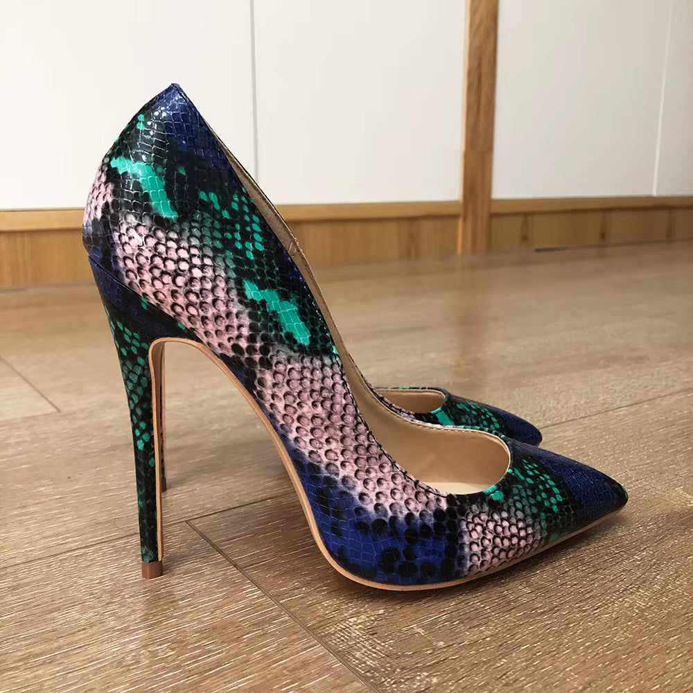 Casual Snake Printed Leather Stiletto Pointed Toe Slip Pumps High Heels