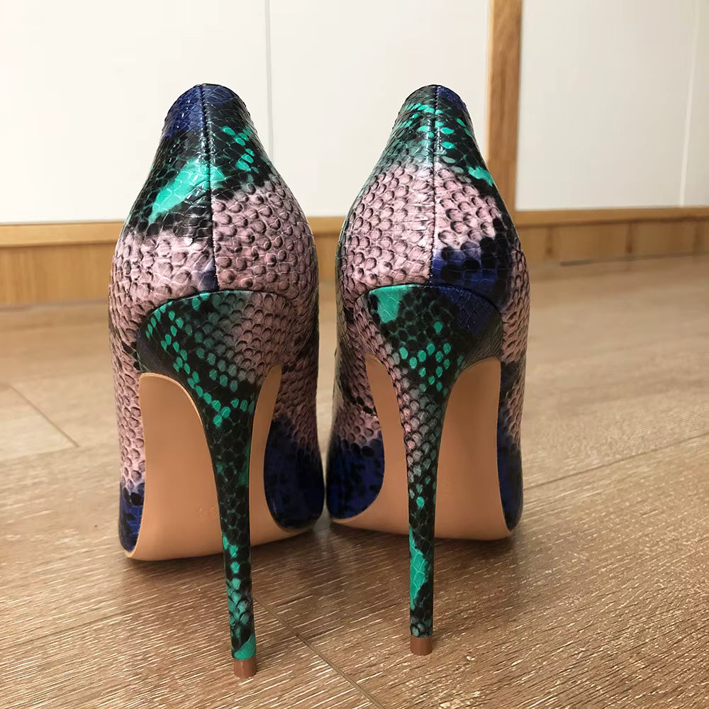 Casual Snake Printed Leather Stiletto Pointed Toe Slip Pumps High Heels