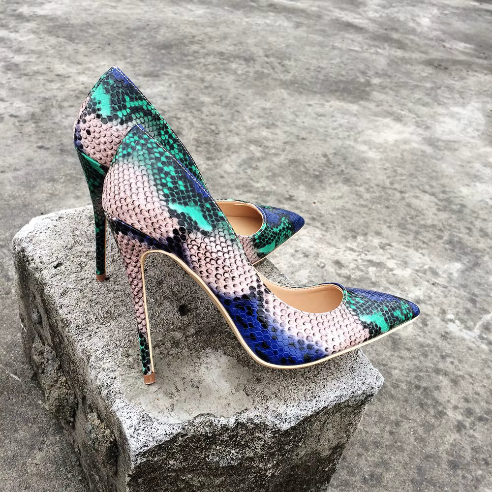 Casual Snake Printed Leather Stiletto Pointed Toe Slip Pumps High Heels