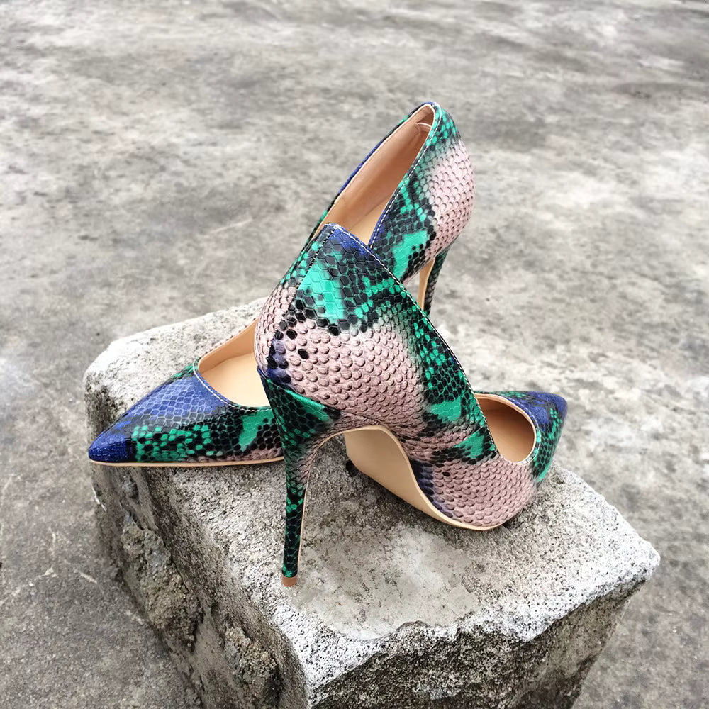 Casual Snake Printed Leather Stiletto Pointed Toe Slip Pumps High Heels