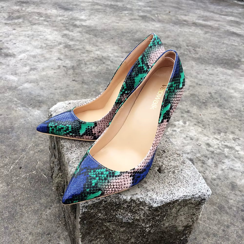 Casual Snake Printed Leather Stiletto Pointed Toe Slip Pumps High Heels