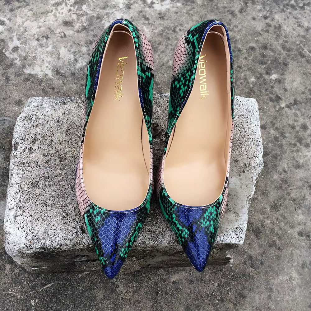 Casual Snake Printed Leather Stiletto Pointed Toe Slip Pumps High Heels