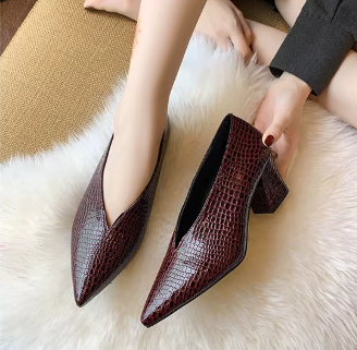 Casual Soft Leather Shallow Pointed Toe Thick Square Heel