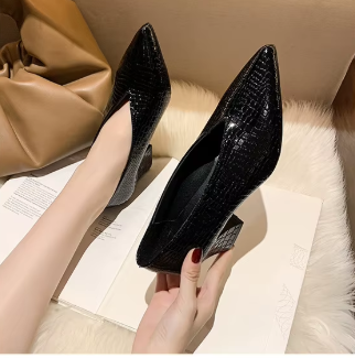 Casual Soft Leather Shallow Pointed Toe Thick Square Heel