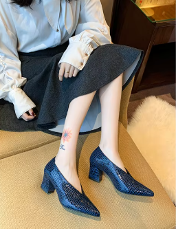 Casual Soft Leather Shallow Pointed Toe Thick Square Heel