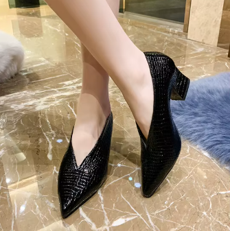 Casual Soft Leather Shallow Pointed Toe Thick Square Heel