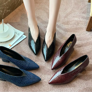 Casual Soft Leather Shallow Pointed Toe Thick Square Heel