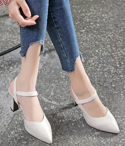 Casual Soft Leather Solid Color Thick High-heeled Sandals